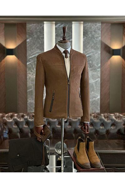 TerziAdemAltun Italian Style Slim Fit Seasonal Men's Suede Coat Brown T9173