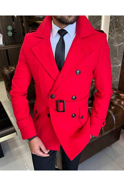 TerziAdemAltun Italian Style Men's Short Stamp Trench Coat Coat Red T4386