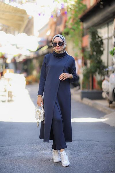 NS Moda Hijab Turtleneck Tunic Trousers Set Navy Blue Model-487
