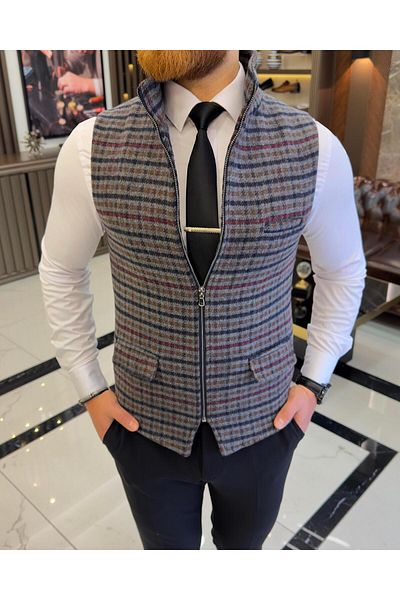 TerziAdemAltun Italian style dominant collar zippered pocket vest gray T10467