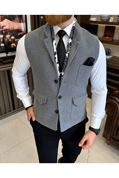 TerziAdemAltun İtalyan stil slim fit kaşe hakim yaka cepken yelek gri T10539