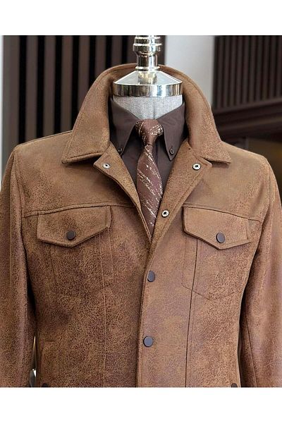 TerziAdemAltun Italian style slim fit polo collar men's coat tan T10040
