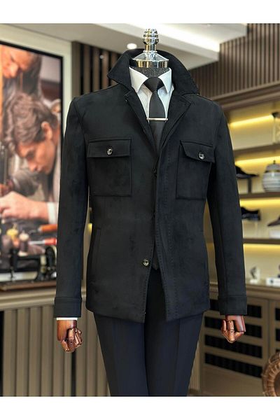 TerziAdemAltun Italian Style Slim Fit Polo Collar Suede Men's Coats Black T10816
