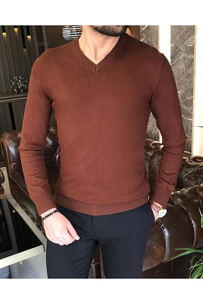 TerziAdemAltun Italian Style Slim Fit Men's V-Neck Knitwear Sweater Brown T8738