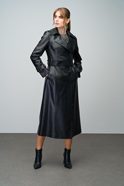 Olcay Czarny dwurzędowy skórzany trencz - płaszcz i epolety szczegółowo 6608