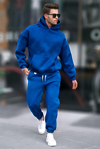 YAKAMEL Erkek Kışlık Kapüşonlu Oversize Pamuklu Eşofman Takımı 3 İplik