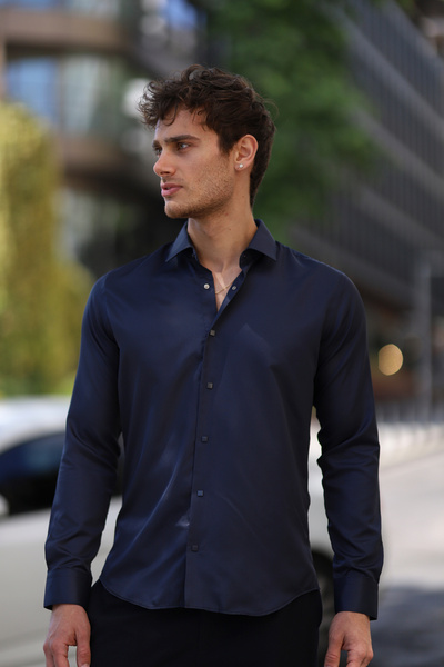 PASSERO Slim Fit Çıtçıtlı Saten Gömlek