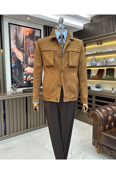 TerziAdemAltun Italian Style Slim Fit Polo Collar Suede Men's Coats Brown T10264