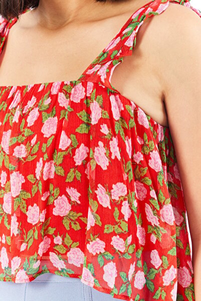 The Kooples Women Square Neck Sleeveless Floral Pattern Crop Top, Red Combo