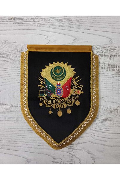 ötüken Osmanlı Devlet Arması Nakış İşlemeli Kadife Flama Siyah