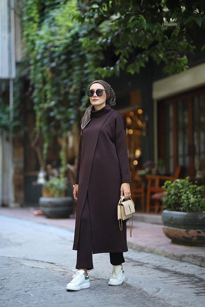 NS Moda Women's Turtleneck Tunic Trousers Set Brown Model-487