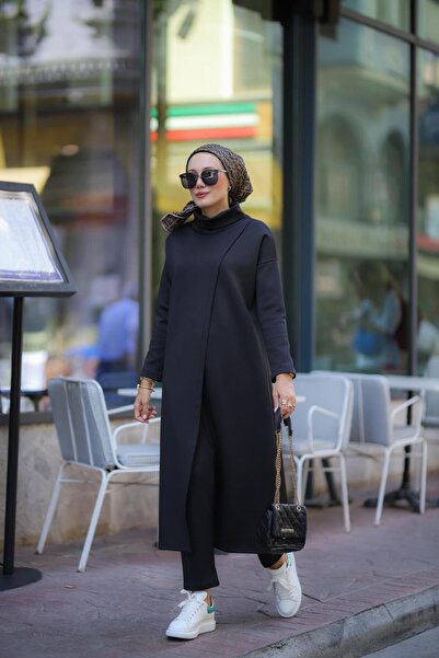 NS Moda Kadın Boğazlı Tunik Pantolon Takım Siyah Model-487