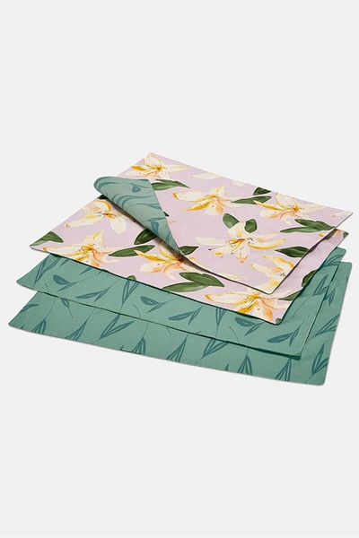 Tchibo 4,Pieces Floral Print Place Mats, Green and Pink