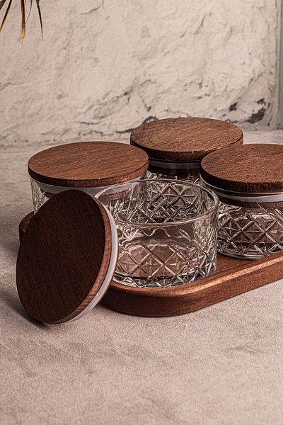Snippy Milla 8-Piece Square Tray - Glass Snack Bowl with Wooden Vacuum Lid 235 ml