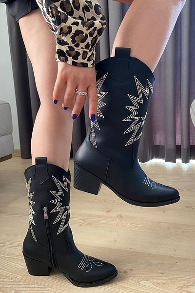 Preshley Γυναικείες μπότες Western Cowboy με φερμουάρ σε μαύρο δέρμα