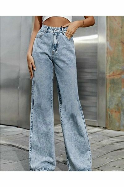 MAKRAS EXCLUSIVE Pantaloni de damă Alula Blue Snow Wash cu talie înaltă cu picior lat Palazzo Jeans