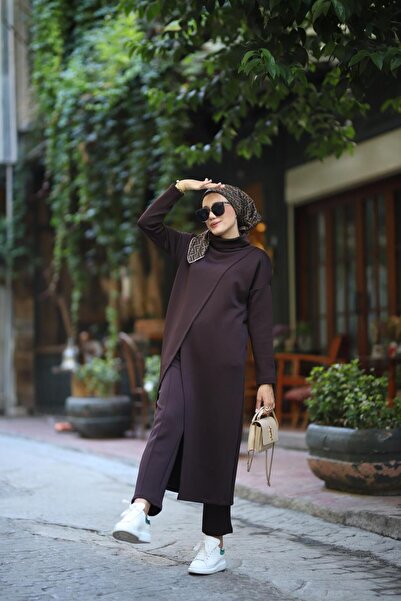 NS Moda Women's Turtleneck Tunic Trousers Set Brown Model-487