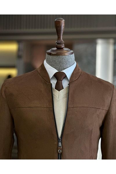 TerziAdemAltun Italian Style Slim Fit Seasonal Men's Suede Coat Brown T9173