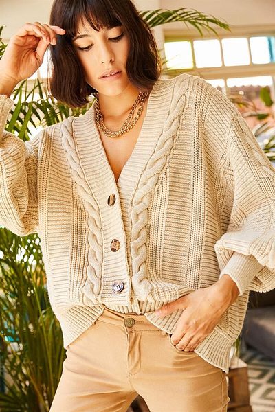 IŞILDA FASHION Women's Beige Knitted Patterned Cardigan