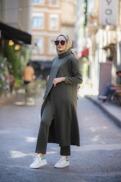 NS Moda Hijab Turtleneck Tunic Trousers Set Khaki Model-487