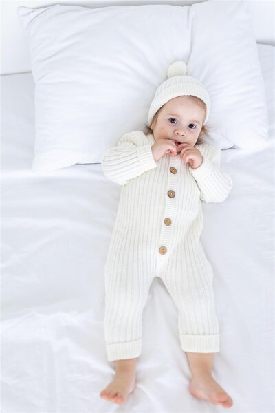 miabambim Ecru Knitwear Baby Jumpsuit Set - Beret