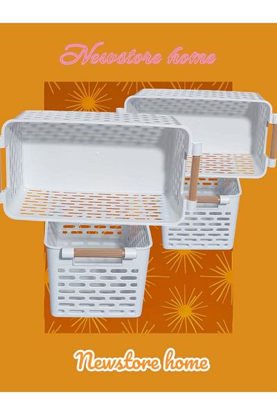 NEWSTORE HOME سلة بلاستيكية بيضاء - منظم متعدد الأغراض، بمقبض (2 قطعة)