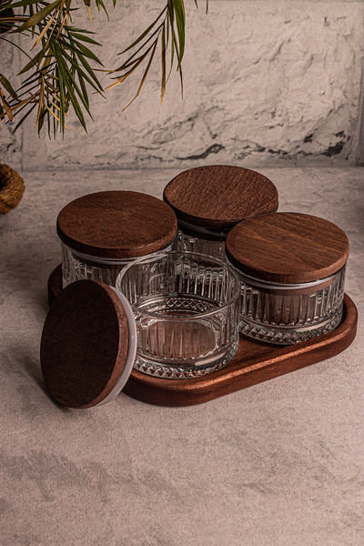 Snippy Bella 8'li Kare Tepsili Ahşap Vakumlu Kapaklı Cam Kahvaltılık Çok Amaçlı Cam Çerezlik 235 ml