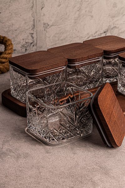 Snippy Milla Square 8-Piece Tray Wooden Vacuumed Glass Breakfast Multi-Purpose Glass Snack Bowl with Lid 230ml