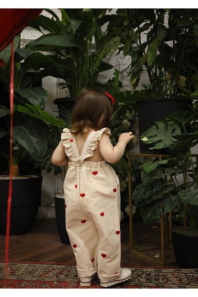 miabambim Beige Girl's Jumpsuit - Raw Linen and Heart Embroidery