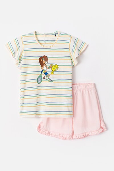 Woody 10-16 Years Old Girl's Pajamas-Psg - 910-Lion Themed Striped Ecru
