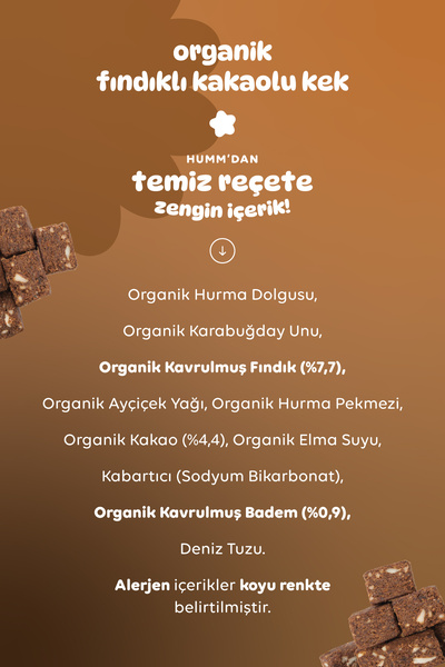 Humm Organic Organik Glutensiz Vegan Kakaolu ve Fındıklı Kek Atıştırmalık Paketi - 6 adet