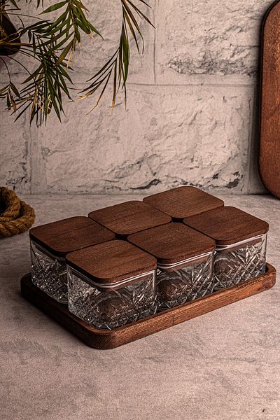 Snippy Milla 6-Piece Wooden Vacuumed Glass Breakfast Snack Bowl - Rectangular Tray, 230 ml