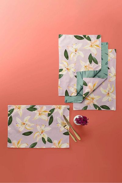 Tchibo 4,Pieces Floral Print Place Mats, Green and Pink