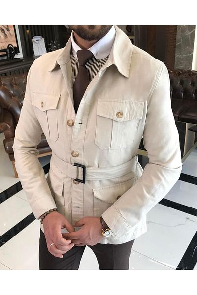 TerziAdemAltun Trench pentru bărbați în stil italian slim fit din amestec de bumbac, guler de cămașă, bej T9602