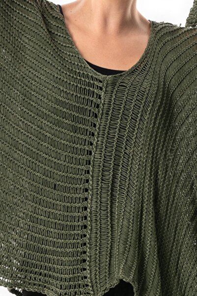 Eliş Şile Bezi Khaki Knitwear Blouse - Long Sleeve, Beautician Detail, Wide Collar, Loose Authentic, Autumn and Winter