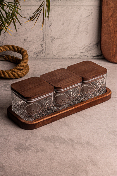 Snippy Milla Kare 4 Parça Tepsili Ahşap Vakumlu Kapaklı Cam Kahvaltılık Çok Amaçlı Cam Çerezlik 230ml