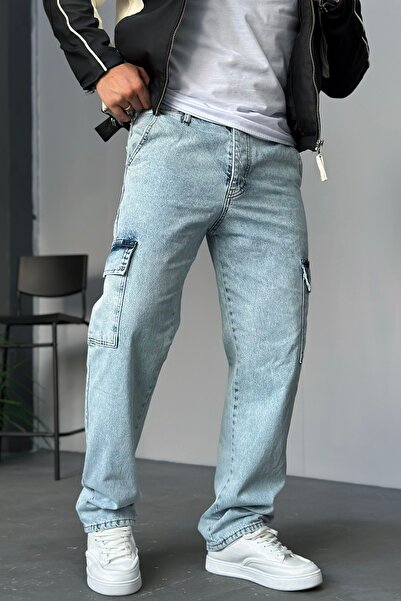 LUVEST ERKEK BAGGY KALIP KARGO CEP BUZ MAVİ JEAN PANTOLON