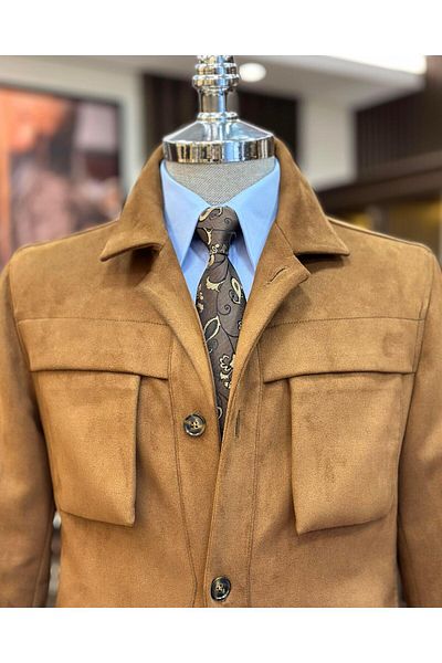 TerziAdemAltun Italian Style Slim Fit Polo Collar Suede Men's Coats Brown T10264