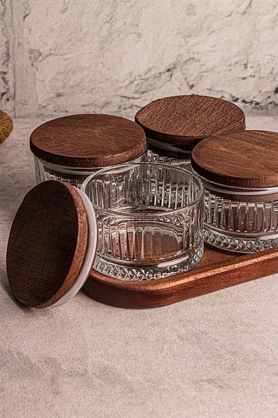 Snippy Bella 8-Piece Square Tray Glass Breakfast - Wooden Vacuumed Lid, Multi-Purpose Snack Bowl 235 ml