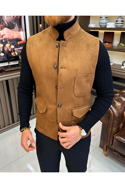 TerziAdemAltun Italian style slim fit hakim collar suede pocket vest brown T10255