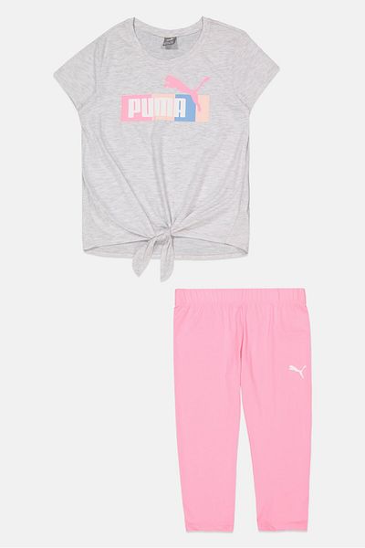 Puma طقم ملابس رياضية للبنات من قطعتين، جيرسي هيذر، أبيض/وردي