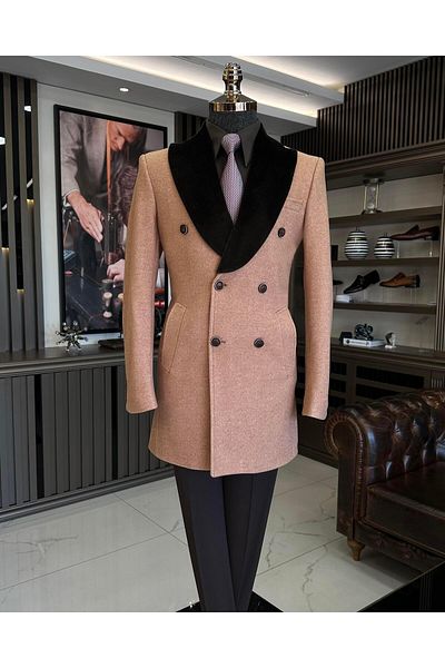 TerziAdemAltun Italian Style Fur Collar Double Breasted Wool Blended Stamp Men's Coat Camel T11007