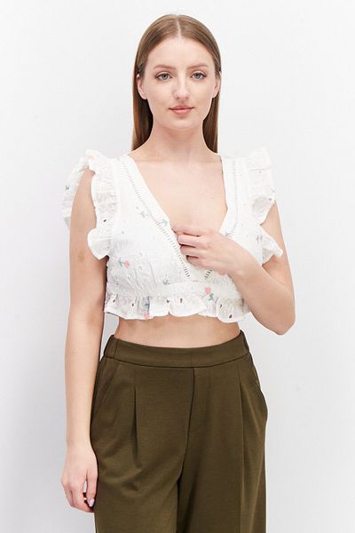 Lost Ink Women V-neck Ruffle Sleeves Eyelet Tops, White