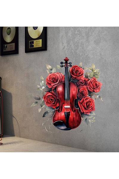 aiki Flower and Red Violin Themed Young Room, Hall, Living Room Glass Wall Sticker