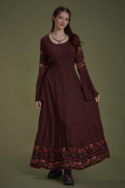 Los banditos Black Laurel Boat Neck Waist Tie Spanish Sleeve Women's Dress