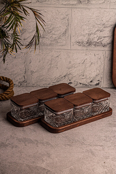 Snippy Milla Kare 8 Parça Tepsili Ahşap Vakumlu Kapaklı Cam Kahvaltılık Çok Amaçlı Cam Çerezlik 230ml