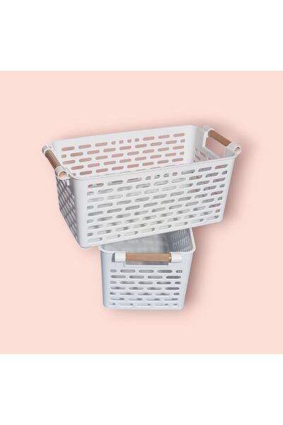 NEWSTORE HOME White Plastic Basket - Multi-Purpose Organizer with Handle (2 Pcs)