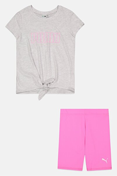 Puma طقم تي شيرت وشورت بأكمام قصيرة للبنات مكون من قطعتين، رمادي/وردي