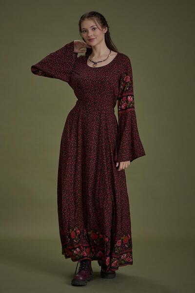 Los banditos Black Laurel Boat Neck Waist Tie Spanish Sleeve Women's Dress