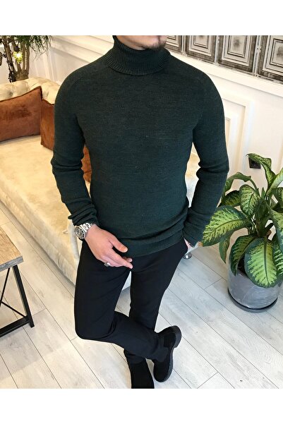 TerziAdemAltun Ανδρικό πλεκτό πουλόβερ με ζιβάγκο ιταλικού στυλ εφαρμοστό Πράσινο T5040
